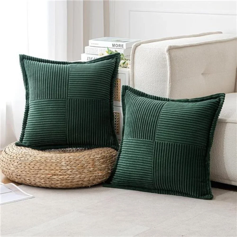 Set of 2 Dark Green Corduroy Pillow Covers,Boho Striped Decorative Cushion 18x18